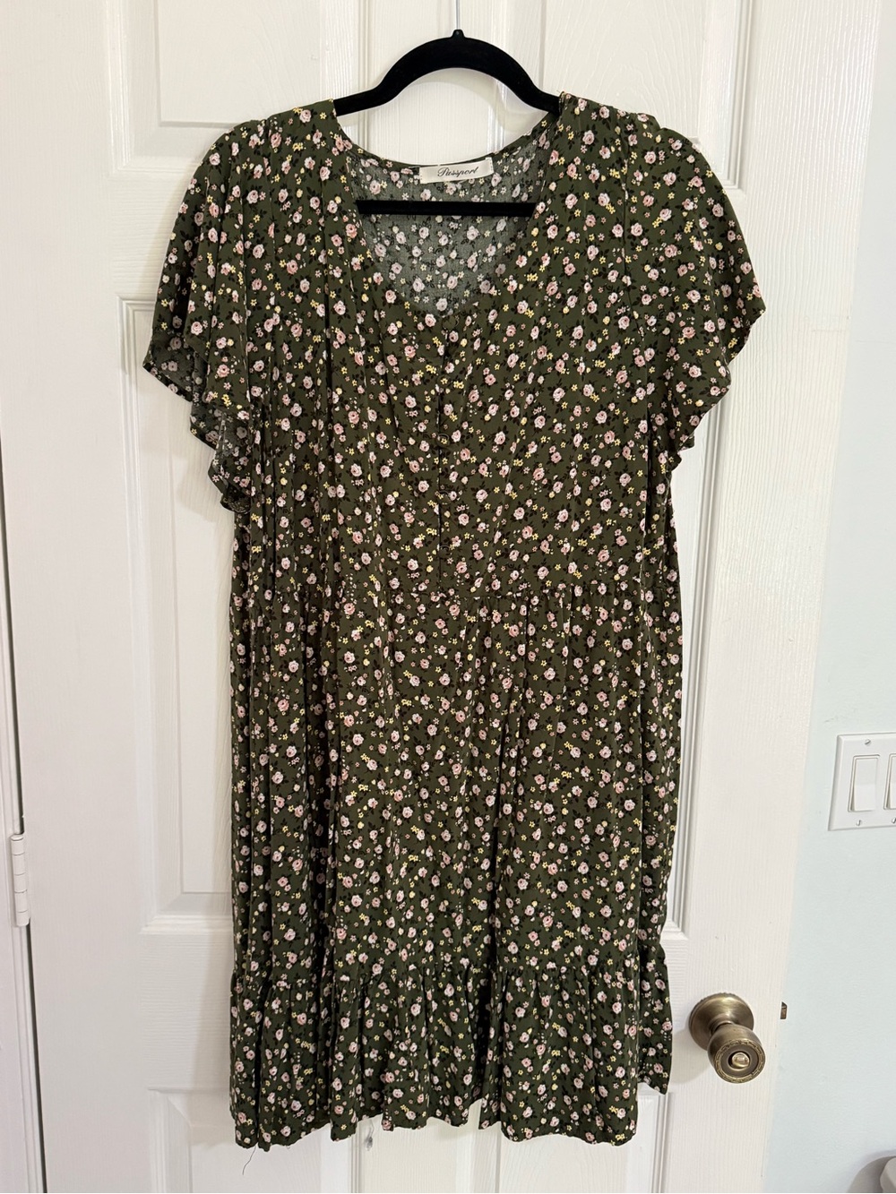 Passport Olive Green Mini Dress with Pink Floral Print Size 18/20